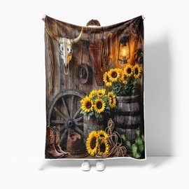 Farmhouse Western - Manta rústica para puerta de granero, suave y cálida, color café del suroeste, sombrero de toro, girasoles para sofá, cama, decoración de sala de estar, 50 x 60 pulgadas