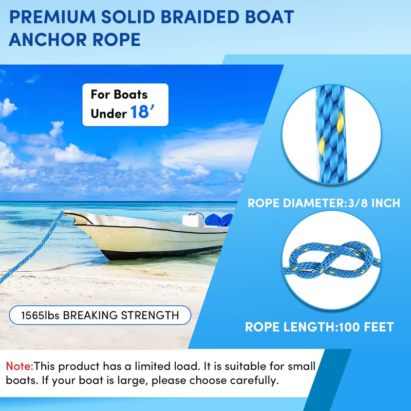 Premium Anchor Rope 100 ft x 3/8 inch, Solid Braid