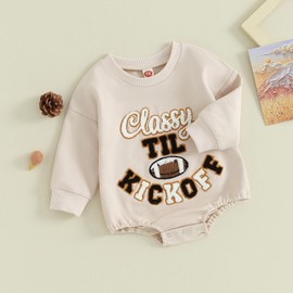 Adobabirl Baby Boy Girl Football Outfit Game Day Sweatshirt Romper Bubble Sweater Onesie Thanksgiving Fall Clothes (Classy Til Kickoff Khaki,12-18 Months)