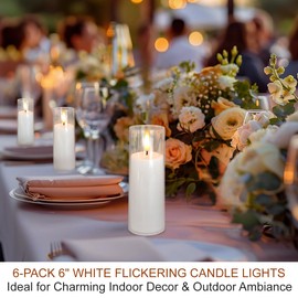 HOME MOST 6-Pack 6" White Flickering Candle Lights with 10-Key Remote & Timer - Waterproof LED Flameless Pillar Candles - Battery Operated Outdoor Decorative Lights - Festival Party Home Decoration