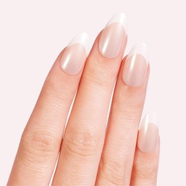 DASHING DIVA French Glaze Almond Press On Nails - Sheer Nude Glossy Finish with White French Tips and Chrome Effect
