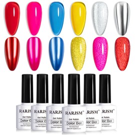 RARJSM Glaze Glass Metallic Cat Eye Gel Nail Polish Set Neon Amber Colors Bright Red Blue Yellow Rose Purple with Diamond Silver Cateye Metallic Silver Gelpolish UV LED Curing Requires Home Salon Diy
