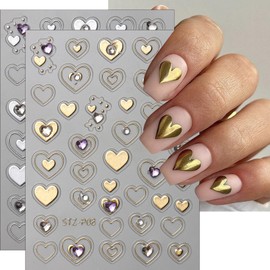 2Pcs Valentine's Day Nail Art Stickers 5D Embossed Self Adhesive Love Heart Nail Stickers valentine's Day Hollow Heart Nail Decals Colorful Diamond Heart Nail Design for Women Nail Supplies Nail Decor