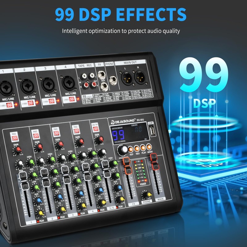 6-Channel Audio Mixer for PC, SX-6iu Mixing Console with XLR