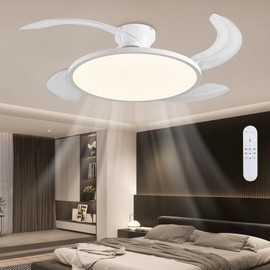 AHAWILL Retractable Ceiling Fan with Lights,42 Inch Low Profile Ceiling Fan with Remote Control,Retractable Blades,Dimmable Full Spectrum,Modern Fandelier for Bedroom Living Room Dinning Room,White