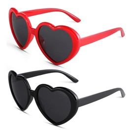 NULOOQ Polarized Heart Shaped Sunglasses for Women Retro Fashion Large Frame Lovely Style with UV400 Protection (Black/Gray + Red/Gray) - 2 Pack