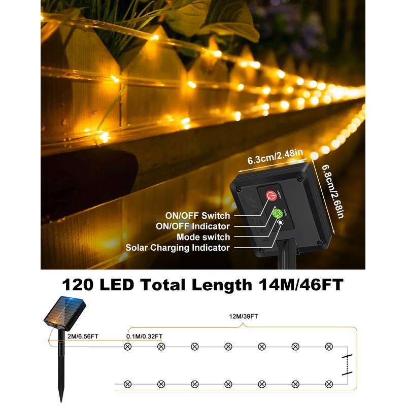 btfarm Solar Rope Lights, 120LED 46FT Solar String Lights Outdoor