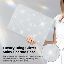 KEROM Bling Glitter Case for MacBook Air 13 inch 2022-2018 M1 A2337 A2179 A1932, MacBook Air M1 Case, Luxury Bedazzled Shiny Sparkle PU Leather Hard Shell & Keyboard Cover for Mac Air 13 M1, White