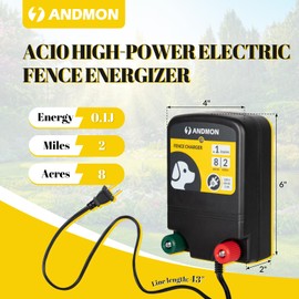0.12 Joule Electric Fence, AC-Powered Electric Fence Charger for 2 Miles & 8 Acre Protection, Electric Fence Energizer Ideal for Gardens, Backyards & Small Livestock