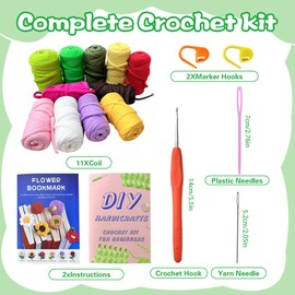 FDEETY Beginners Crochet Set for Beginners with Easy Yarn 6-Piece Flower Bookmark Crochet Set Instructions for Children Adults DIY