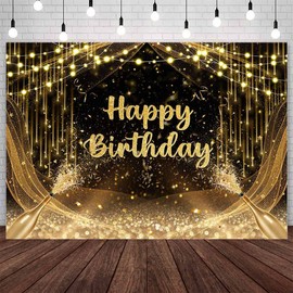 AIBIIN 8x6ft Black and Gold Birthday Backdrop Happy Birthday Photography Background Gold Glitter Birthday Prom Party Decorations Banner Photo Studio Props, Black Gold (SQ425)