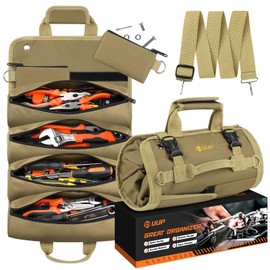 Tool Bag Roll Up, UUP Heavy Duty Rolled Empty Tool Storage Organization, Portable Foldable Rollup Organizer with 2 Small Pouches, Rollable Carrying Toolbag, Dad Men Mechanic Birthday Gifts, Khaki