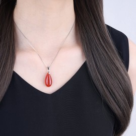 COAI 925 Sterling Silver Necklace Crystal Necklace for Women, Teardrop Red Agate Necklace