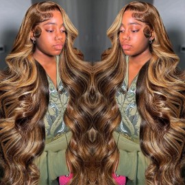 Highlight Ombre Lace Front Wigs Human Hair Pre Plucked 13x4 Body Wave Frontal Wigs Human Hair 4/27 Colored Honey Blonde 180 Density Glueless HD Transparent Lace Frontal Wigs for Black Women 28 Inch