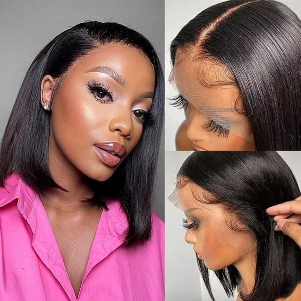TQPQHQT Lace Front Wig Real Hair Wig Bob Wig Bone Straight Human Hair Wig for Women 13 x 4 HD Lace Frontal Wig Peruvian Virgin Human Hair Wig Natural Black Wigs 8 Inches / 20.8 cm