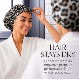 Shower Cap for Women, Shower Hat, Waterproof Reusable Shower Caps, Hair Shower Caps for Long, for Both Men Women, Silky Sleep Bathing Cap for Long Curly, White Leopard Print Design