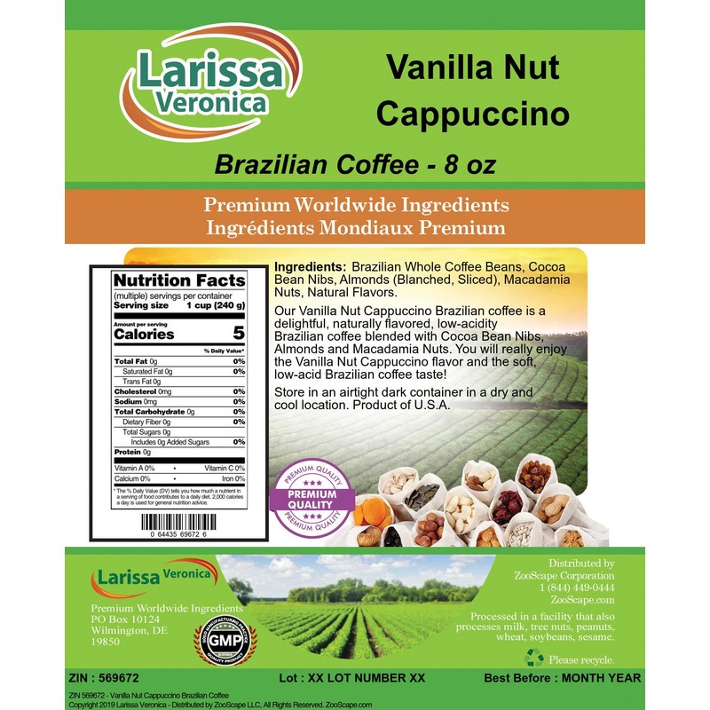 Vanilla Nut Cappuccino Brazilian Coffee (Gourmet, Naturally Flavored, Whole Coffee