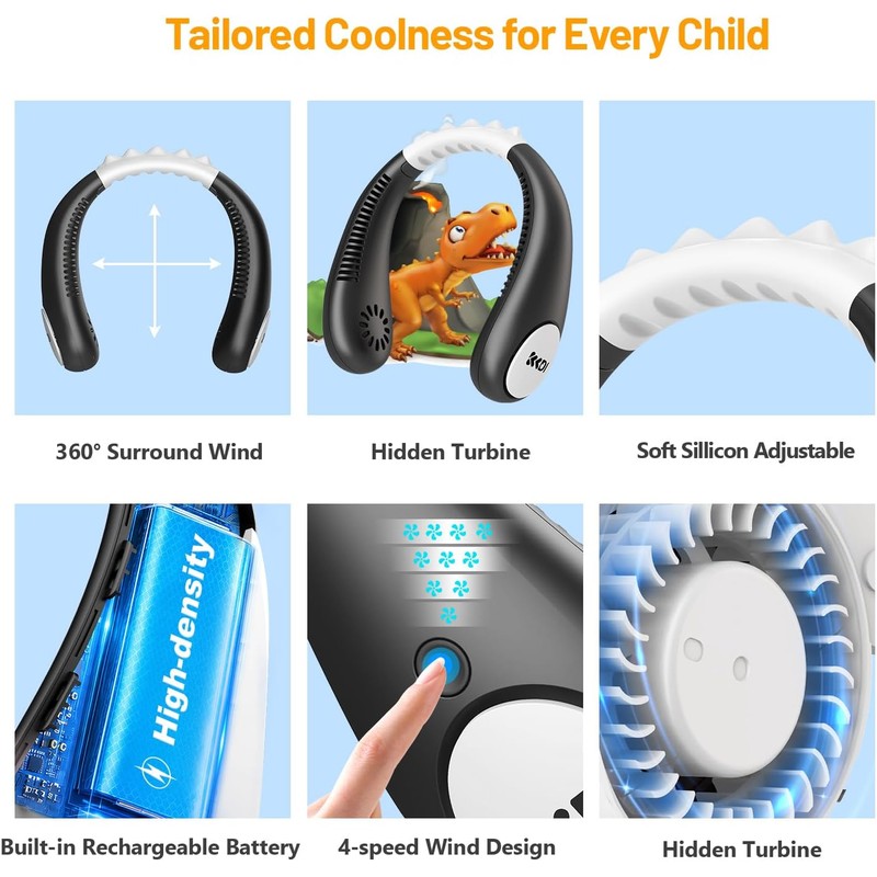 Ventilador de cuello para niños Kkdi E10 USB 2600mAh 4