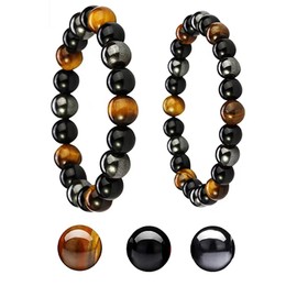 Qiwenr Obsidian Hematite Bracelet,Triple Protection Bracelet,Tiger Eye Bracelet,Elastic Crystal Bracelet,Natural Stone Bracelet,Gifts for Men and Women,Bring Good Luck and Prosperity(8mm) (black)