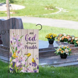 Heyfibro "With God All Things Are Possible" Spring Garden Flag 12x18 Double Sided Burlap, Purple Lily & Yellow Bird Religious Yard Banner for Rustic Seasonal Summer Outdoor Decoration (ONLY FLAG)
