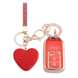 Vicoca for Honda key fob cover with Diamond Heart Keychain, Car Accessories TPU for 2016-2022 Accord Civic CRV Pilot Odyssey Smart Key Case, Gold Red