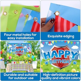 Blue Dog Paw Print Happy Birthday Party Background, 150 x 100 cm Cartoon Dog Theme Photography Background, Washable Photo Stand Banner for Boys Girls Birthday Party Decoration