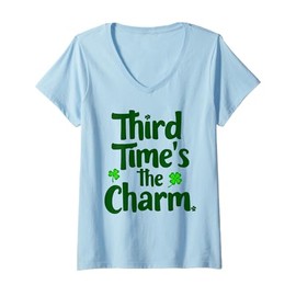 Womens Lucky Charm Irish Shamrock Clover Third Time's The Charm Fun V-Neck T-Shirt