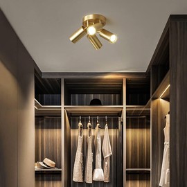 TCHAUSGZUS LED Ceiling Light 4-Light Copper Round Plate Ceiling Spotlight Fixture Fixed Track Lighting Kit, Multi-Directional Accent Spot Lamp Spotlights for Bedroom Kitchen Living Room Office