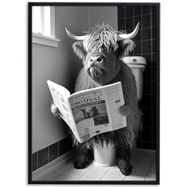 JINZUNRUI JZR-Animal Bathroom Decorative Pictures, Black and White Bathroom Poster A4 Wall Pictures, Highland Cow on Toilet Wall Decoration, Funny Canvas Bathroom Pictures, Without Frame