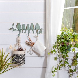 SOFFEE DESIGN Vintage Metal Wall Mounted Coat Rack with 3 Hooks, Birds on Tree Branch Hanger Key Holder Wall Organizer for Hats, Towels, Clothes, Scarves, Jewelry Wall Decoration - Green