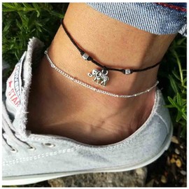 Aneneiceera Vintage Layered Elephant Ankle Bracelet Silver Elephant Dangle Anklets Black Rope Chain Ankle Bracelet Black Wax Rope Ankle Bracelet Summer Foot Chain Jewelry for Women Gifts
