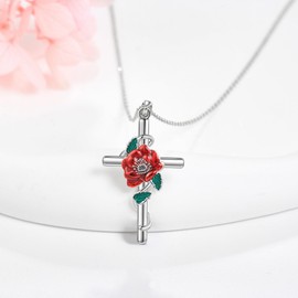 JERWLI Flower Cross Necklace 925 Sterling Silver Carnation Rose Lily/Daisy Cross Necklace Birth Flower Jewellery for Women Girls, Sterling Silver