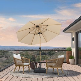 PURPLE LEAF 8 Feet Market Umbrella with Base Patio Umbrella Round Outdoor Table Umbrella with Push Button Tilt & Crank and 8 Ribs Aluminum Outdoor Umbrella for Garden Deck Balcony, Beige