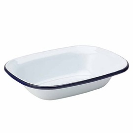 Utopia Eagle Enamel Pie Dish 7.8" /20cm - White Oblong Cookware with Blue Edge for Oven to Table Presentation