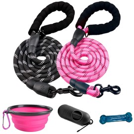 BREEZEE Set de 2 Correas Reflejantes para Mascotas de 1.5 m, + Plato Bebedero + Despachador con 15 Bolsas + Hueso de Juguete, Mascotas Medianas y Grandes, Correa Mango Acolchado Cómodo Clip 360