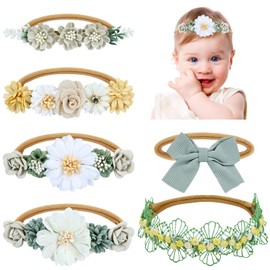 Dizila 6 Pieces Super Soft Stretchy Green Khaki White Baby Girl Nylon Bow Flower Headbands Floral Lace Headbands Hair Accessories for Newborns Infants Toddlers Girls Kids