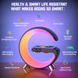 Smart LED Night Light, Wireless Charger, Phone Wireless Charging Dock, Table Bedside Lamp, Sunrise Alarm Clock, Bluetooth Speaker & App Control, Ideal for Bedroom, Home Decor, Birthday, Christmas Gift
