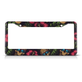 Beabes Pineapple License Plate Frame Floral Hibiscus Novelty License Plate Frame Skull Hawaii Theme License Plate Car Tag Holder Metal License Plate Frame for US Vehicles Standard