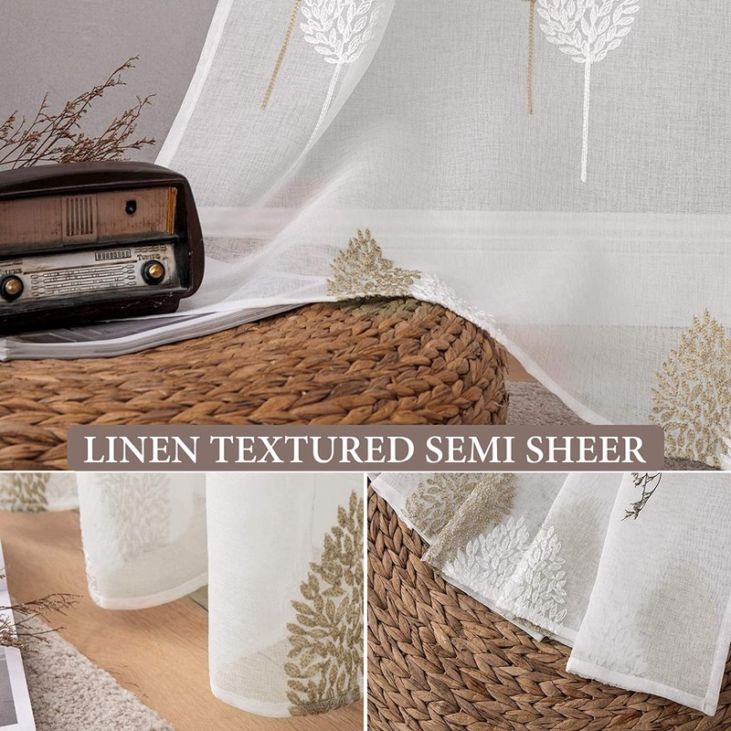 MIULEE 2 Panels Sheer Curtains Brown and White Embroidered Leaves