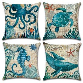 JOTOM Cushion Covers Square Waist Throw Pillow Case Cover for Outdoor Home Bed Sofa Car Decor 45 x 45cm, Set of 4 (Marine Animal 2)