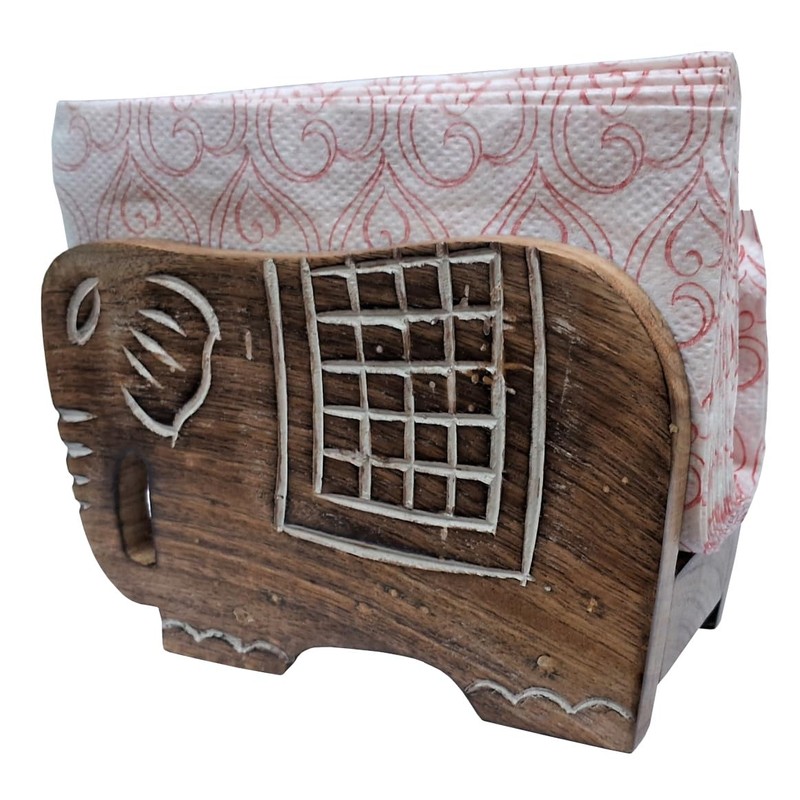Purpledip Wooden Napkin Holder 'Elephant Couple': Tissue Paper Stand for