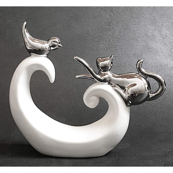 FeinKnick Stylish Decoration with Playing Cat and Bird - White