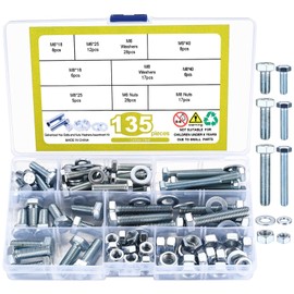 Pack of 135 M6 M8 Hex Bolts Nuts Set, Metric Hex Thread Screws with Nuts Set with Washers Assortment Kit (White Zinc Colour)