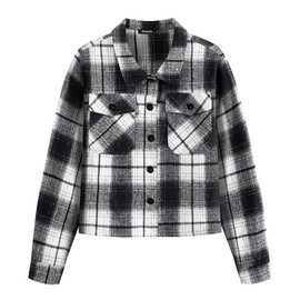 Shawnda Women's Casual Plaid Shacket Fashion Flannel Shirt Cropped Button Down Jacket Black White Small