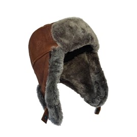 Leather Aviator Russian Ushanka Trapper Shearling Sheepskin Fur Ear Flap Waterproof Winter Hat (US, Alpha, Medium, Cognac/Gray)