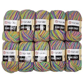Ilkadim YarnArt Jeans Crazy Knitting Wool with 55% Cotton, 500 g Wool with Colour Gradient, 10 x 50 g