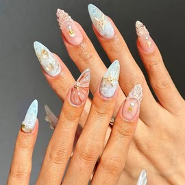 Summer Press On Nails Almond Medium Blue Sea Fake Nails With Sea Starfish Design Beach Stick On Nails Press Ons 3D Pearl Artificial Glue On Nails French Shell False Nails For Women Girls