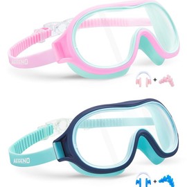 Aegend 2 Pack Swim Goggles for Kids, Big Frame Anti-Fog Anti-UV Wide Vision Clear vision Waterproof, No leak large frame for Boys Girls - Color: Pink-cyan & Cyan-blue