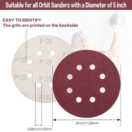 Stebruam Pack of 100 Sandpaper 125 mm Velcro 120 Grit, Professional 125 Sanding Discs Round 8 Hole for Orbital Sanders