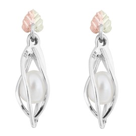 White Freshwater Cultured Pearl Caged Earrings, Sterling Silver, 12k Green and Rose Black Hills Gold (5.5-6.0mm)
